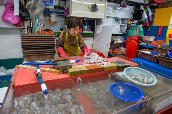 Busan South Korea May 2023 Woman Selling Squids Jagalchi Market — Stock Photo, Image