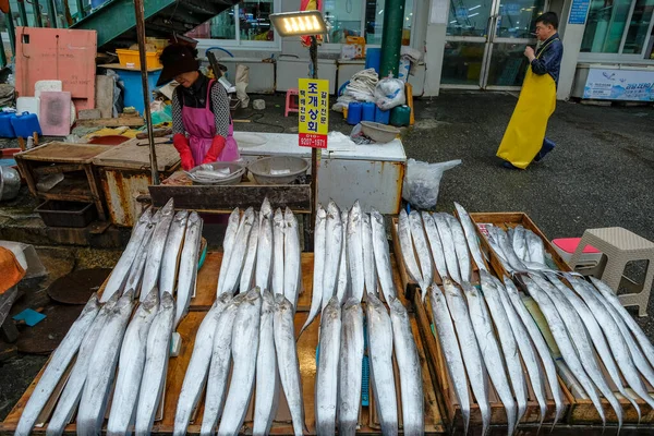 Busan Sydkorea Maj 2023 Kvinna Som Säljer Fisk Jagalchi Market — Stockfoto