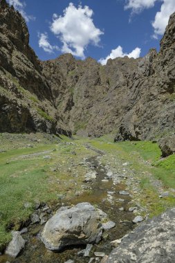 Moğolistan 'daki Gobi Çölü' ndeki Gurvan Saikhan Dağları 'ndan Yolyn Am Boğazı.
