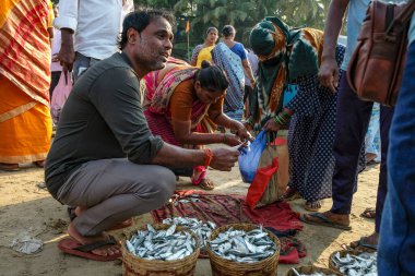 Malvan, Hindistan - 7 Şubat 2024: İnsanlar Maharashtra, Hindistan 'daki Malvan balık pazarında balık satıyor.