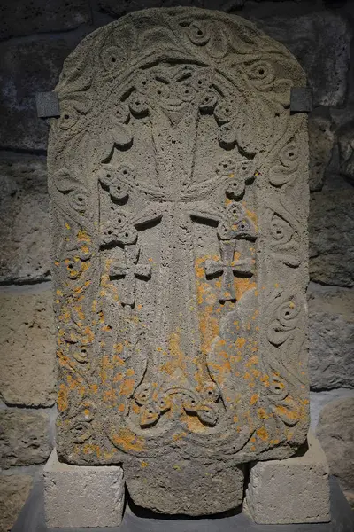 Stock image Tatev, Armenia - May 1, 2024: A khachkar or Armenian cross-stone in the Tatev Monastery, located near the village of Tatev in Armenia.