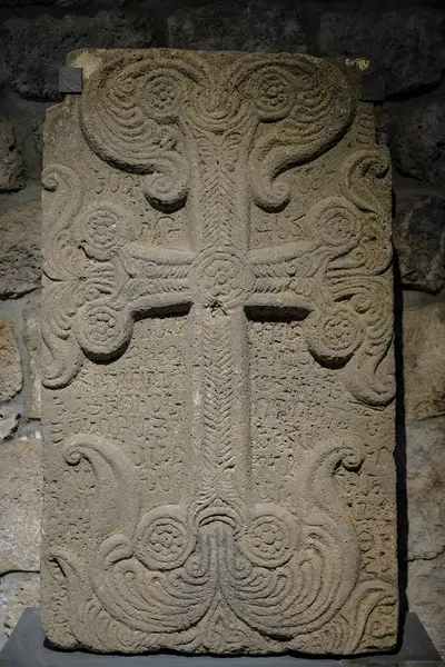 stock image Tatev, Armenia - May 1, 2024: A khachkar or Armenian cross-stone in the Tatev Monastery, located near the village of Tatev in Armenia.
