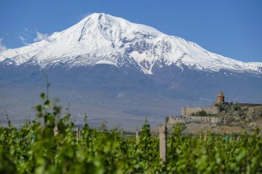 Lusarat, Ermenistan - 18 Mayıs 2024: Ararat Dağı 'nın arka planında Khor Virap Manastırı, Ermenistan' ın Lusarat Ovası 'nda yer alan manastır.