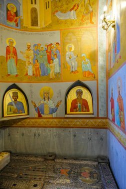 Tbilisi, Georgia - June 7, 2024: Interior of the Metekhi church of the Nativity of the Mother of God, known simply as Metekhi, in Tbilisi, Georgia. clipart