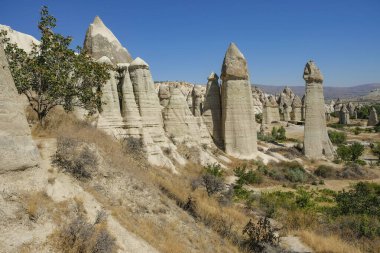 Goreme, Türkiye - 15 Ağustos 2024: Kapadokya 'daki Aşk Vadisi' nde Eşsiz jeolojik oluşumlar.
