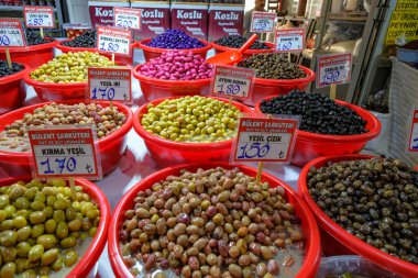 Konya, Turkey - August 17, 2024: A olives stall at the Konya Bazaar, Turkey. clipart