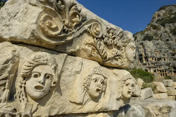 stock image Demre, Turkey - August 24, 2024: Stone faces in the ruins of Myra Ancient City in Demre, Turkey.