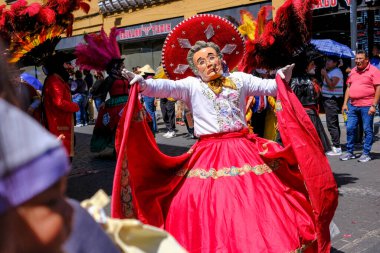 Puebla, Meksika - 23 Şubat 2025: Puebla Karnavalı Huehues geçit töreni ile tarihi Puebla, Meksika.