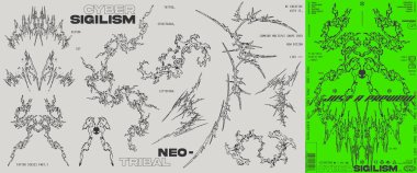Dövme, sokak giysisi, harf seti vs. için Neo kabilesi ya da siber sigilizm şekil koleksiyonu