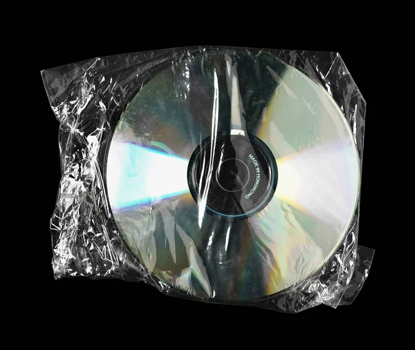 Disco Compacto Dentro Saco Plástico Transparente Isolado Fundo Preto — Fotografia de Stock