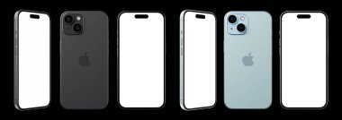 iPhone 15 'in mavi ve siyah rengi. Boş ekran ile iPhone 15 model seti