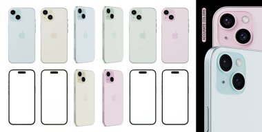 iPhone 15 mavi, sarı, yeşil ve pembe renklerde. Boş ekran ve farklı açı ayarlarıyla iPhone 15.