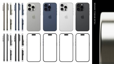 iPhone 15 Pro tüm renklerde. iPhone 15 'in her açısında boş ekran modelleri var. Doğal titanyum, mavi titanyum, beyaz titanyum ve siyah titanyum..