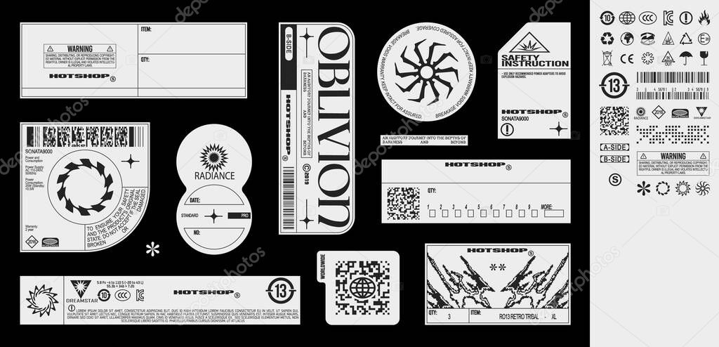 Collection of fake made up labels with set of symbols