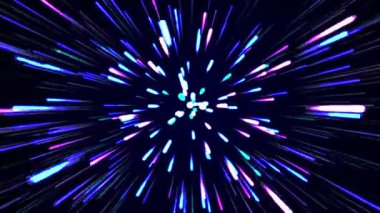 Koyu arkaplanda parlak mavi, pembe ve mor ışınlı parlak neon patlaması döngüsü. Bilim kurgu temaları, VJ görseller, konserler, partiler ve dijital görüntüler için ideal.