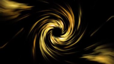Dinamik altın girdap, siyah bir arka planda parlayan hareketle. Bilim kurgu, dijital sanat, enerji kavramları ve soyut video tasarımları için mükemmel..