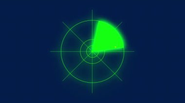 Dijital şebeke arka planında fütürist yeşil radar tarayıcı animasyonu. Askeri, izleme sistemleri, UI tasarımı, havacılık ve bilim kurgu projeleri için mükemmel..