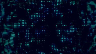 Fütürist bir döngüde parlayan mavi ve siyanür piksellerinin soyut animasyonu. Hareket tasarımı ve görsellerde teknoloji, dijital, LED ve siber temalı arka planlar için ideal.