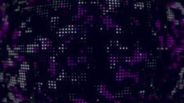 Mor ve beyaz benekli noktalar dinamik dijital ızgara animasyonu oluşturuyor. Teknoloji, siber, soyut ve LED ekran geçmişleri için HD veya 4K dikişsiz döngüler için ideal.