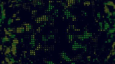 Dinamik yeşil ve sarı LED piksel animasyon arka planında fütürist parlak noktalar var. Teknoloji, dijital, soyut, müzik görselleri ve modern hareket tasarımı için ideal.