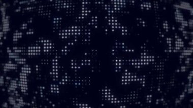 Koyu arkaplanda beyaz ve mavi benekli animasyonlar. HD veya 4K çözünürlüklü fütürist, teknoloji, LED ekran, siber ve soyut döngüsel görseller için ideal.