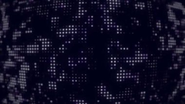 Koyu arkaplanda beyaz ve mor benekli dijital arkaplan döngüsü. Fütürist, teknoloji, siber ve soyut hareket tasarımları için mükemmel..