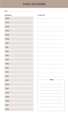 Günlük planlayıcı yazdırılabilir şablon Vektörü. Boş beyaz defter sayfa A4. Etkili planlama için bir günlük iş planlama programı sayfası. Kağıt çarşaf. Vektör illüstrasyon tasarımı.