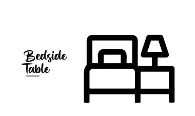Yan masa ikonlu yatak. Web ve mobil kullanım için beyaz arkaplan üzerinde başucu masa simgesi. Yatak odası ikonu, düzenlenebilir felç. Vektör illüstrasyonu.