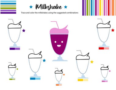 Okul öncesi çalışma kâğıdı şekillerin ve renklerin izini sürüyor. Anaokulu çocukları için temel yazı ve boyama pratiği.