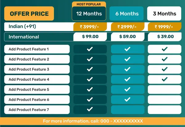 stock vector Affordable Subscription Plans for Indian and International Customers. Price comparison table