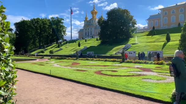 상트페테르부르크 러시아 2022 공원의 아래쪽에 러시아 국기가 대궁전 궁전의 예배당이다 — 비디오