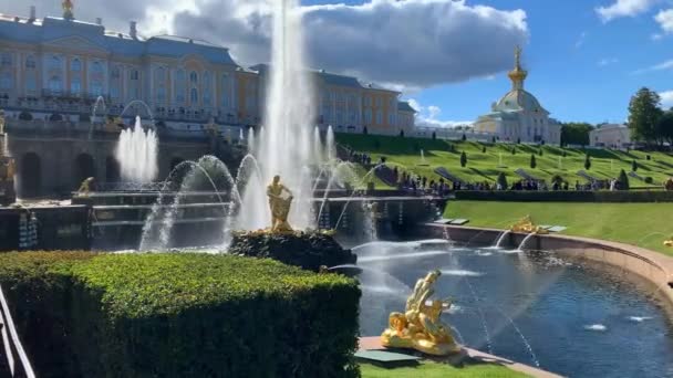 Petersburg Rosja Października 2022 Petergof Wielki Pałac Fontanny Brązowymi Posągami — Wideo stockowe