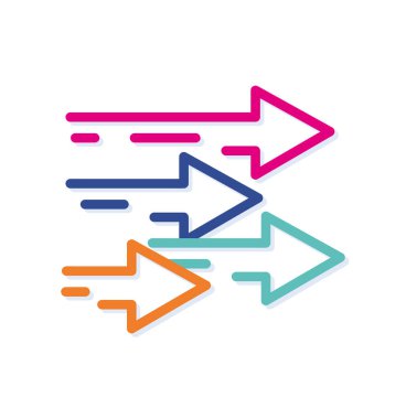 Soyut renkli yatay ilerleyen ok logosu simgesi. Yeni pop sanatları renkleri olan modern çizgiler. Kalın çizgi temiz biçim şablonu seti.