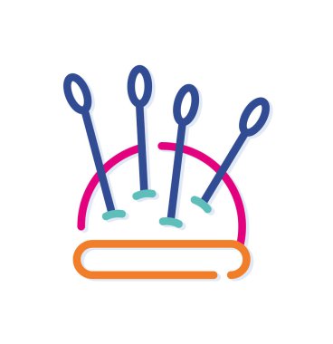 Soyut renkli pin logosu simgesi. Terzi, iğne ve pamukla ilgili. Yeni pop sanatları renkleri olan modern çizgiler. Kalın çizgi temiz biçim şablonu seti.