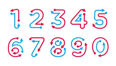 Direction arrows design from numbers. Latin alphabet numbers from 1 to 0. Logo, corporate identity, app, creative poster and more.