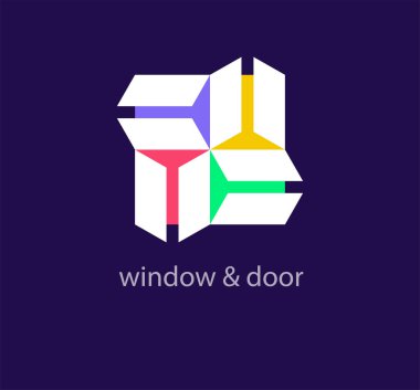 Kapı ve pencere logosu. İnşaat, ev, çerçeve, pencere, teknoloji, internet konsepti. Şirket kimlik logo şablonu