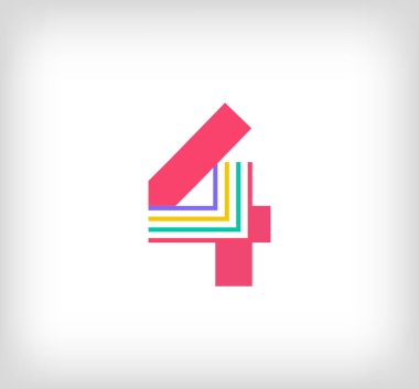Yaratıcı etnik numara 4 çok renkli doğrusal logo. Yeni kültür renkleriyle modern sayı çizgileri. Yazı tipi alfabe şablonu. Yaratıcı eğitim geometrik.vektör