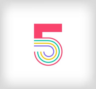 Yaratıcı etnik numara 5 çok renkli doğrusal logo. Yeni kültür renkleriyle modern sayı çizgileri. Yazı tipi alfabe şablonu. Yaratıcı eğitim geometrik.vektör