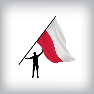 Bir adam havada POLAND bayrağını tutuyor. Vektör bayrağı dalgalanıyor. Ulusal Gün Gerçekçi Bayrak İllüstrasyonu.