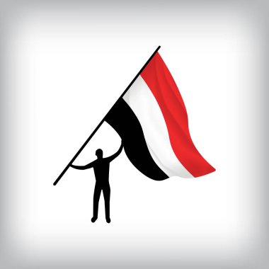 Yemen 'in bayrağını havada tutan bir adam. Vektör bayrağı dalgalanıyor. Ulusal Gün Gerçekçi Bayrak İllüstrasyonu.