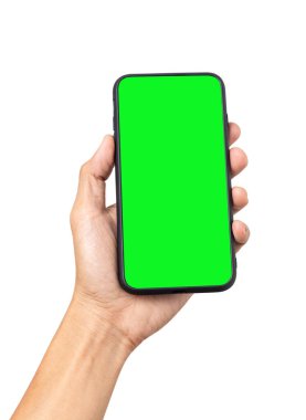 Boş ekran ile cep telefonu tutan el adamı kırpma yolu ile beyaz arkaplanda izole