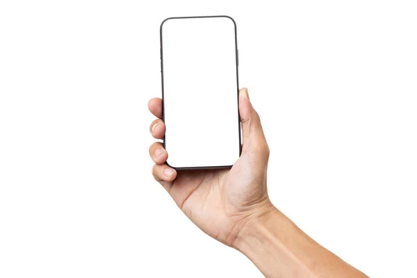 Mão Homem Negócios Segurando Smartphone Móvel Com Tela Branco Isolado — Fotografia de Stock