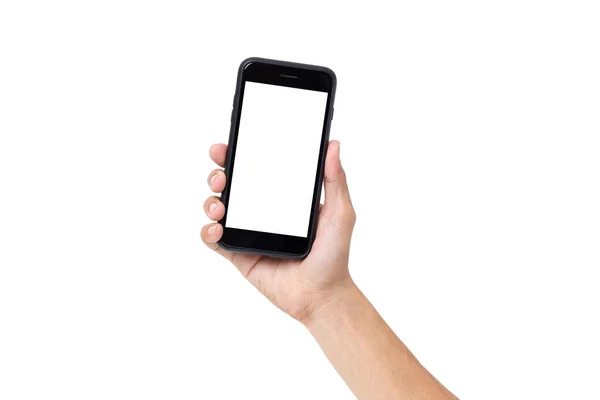 携帯電話を持っている手のビジネスマンクリッピングパスと白い背景に隔離された空白の画面で ストックフォト