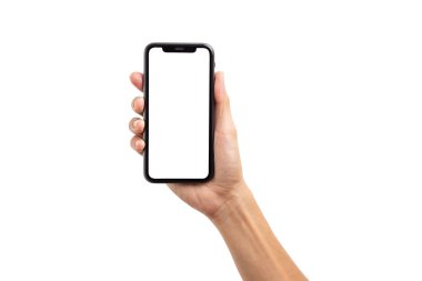 El işi adamı elinde cep telefonu ve reklam metni eklemek için boş bir ekran tutuyor. kırpma yolu ile beyaz arkaplanda izole