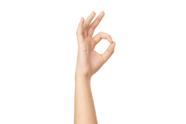 Frau Hand Zeichen Auf Einem Weißen Isolierten Hintergrund Mit Clipping — Stockfoto