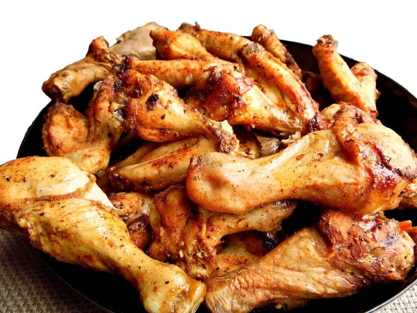 Baked Chicken Crust Chicken Legs Wings Dark Dish White Background — Stock Photo, Image