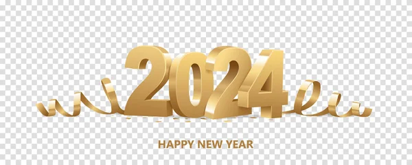 Καλή Χρονιά 2024 Χρυσοί Αριθμοί Κορδέλες Και Κομφετί Απομονωμένοι Διαφανές — Διανυσματικό Αρχείο