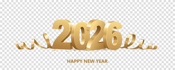 Feliz Año Nuevo 2026 Números Dorados Con Cintas Confeti Aislados — Vector de stock