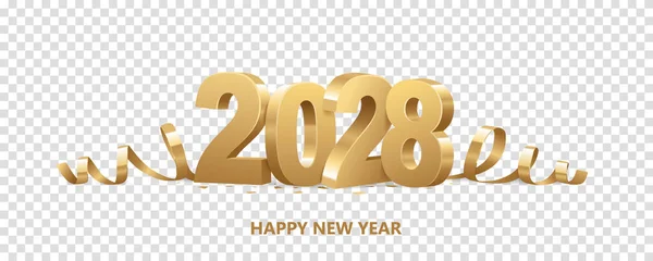 Happy New Year 2028 Golden Numbers Ribbons Confetti Isolated Transparent — Stock Vector