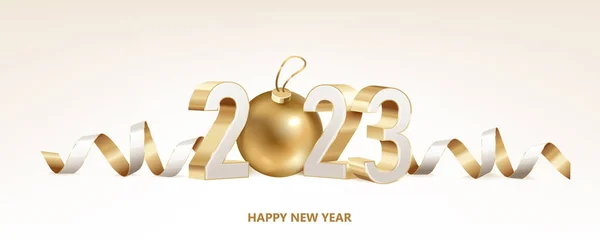 新年快乐2023 带有白色背景彩带和圣诞球的金色3D数字 — 图库矢量图片